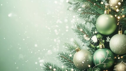Festive green Christmas ornaments hanging on a decorated tree with gentle snowfall in December