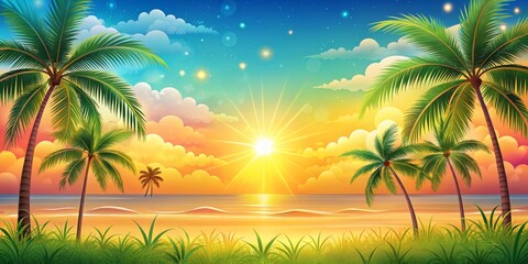 Tropical Sunset View from Grass, Palm Trees, Sunset, Ocean, Beach, Sky, Clouds