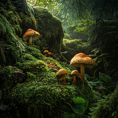Fototapeta premium Boletus mushrooms emerging in a lush forest, surrounded by vibrant green moss.