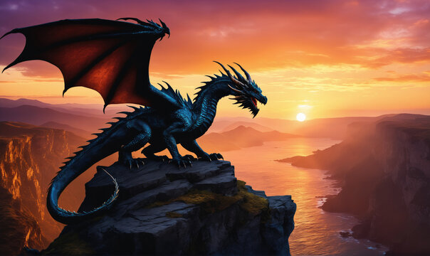A blue dragon perches on a cliff overlooking a vast canyon at sunset