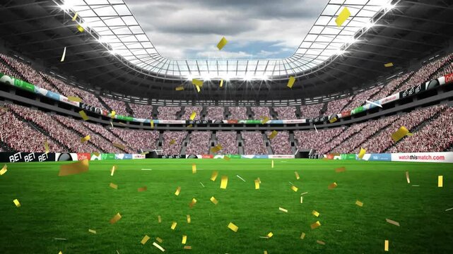 Animation of confetti falling over sports stadium