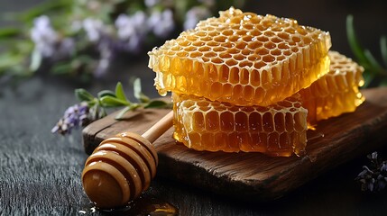 A close-up of honeycombs on a wooden board with a honey dipper and lavender flowers in the...