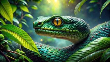 Fototapeta premium A menacing viper snake's piercing gaze is accentuated by lush, vibrant green foliage, with a distinctive eyelash-like shape above its eye, in a misty jungle atmosphere.