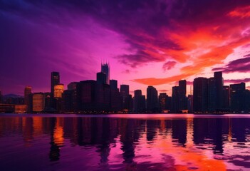 Obraz premium mysterious twilight scene illuminated city silhouettes colorful sky, glowing, landscape, skyline, dusk, illumination, horizon, scenic, lights, colors
