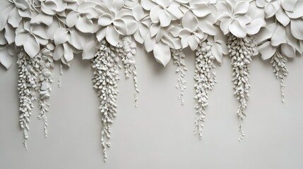 Elegant white floral wall art featuring cascading leaves and blossoms in a modern interior space