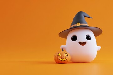 Cartoon ghost wearing a witch hat, holding a pumpkin on a bright orange background, symbolizing Halloween and festive spirit