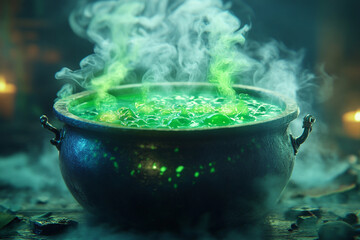 Cauldron Bubbling Over with Green Slime and Eerie Vapors in a Spooky Witches' Brew Scene
