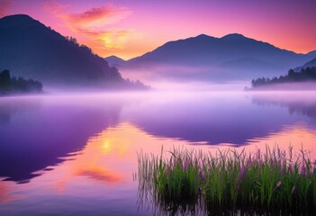 Fototapeta premium tranquil lake reflection dawn showcasing vibrant colors sky water surfaces, sunrise, nature, scenery, landscape, beauty, calm, sunlight, horizon, mist
