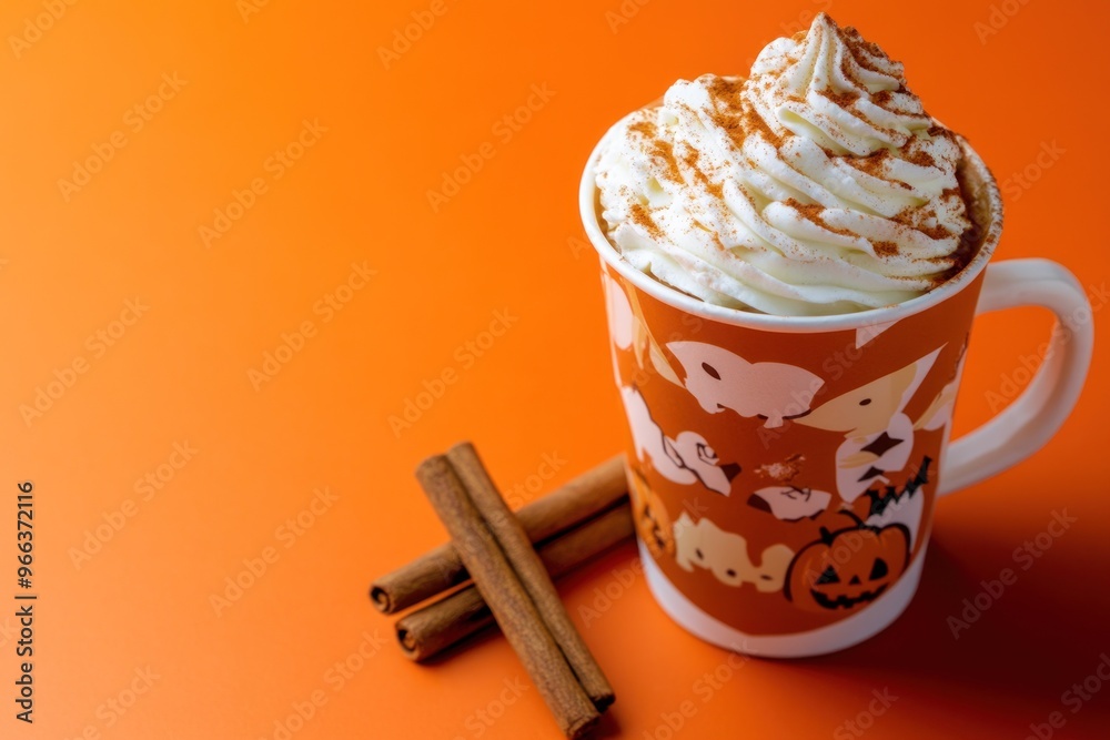 Canvas Prints A festive cup of whipped cream topped drink with cinnamon sticks on an orange background.