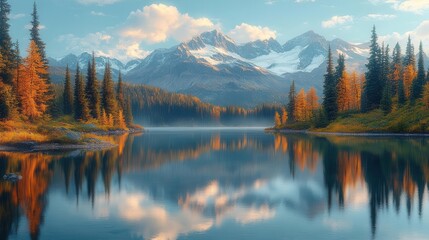 Fototapeta premium enchanting mountain vista with winding river lush forests and snowcapped peaks reflecting in crystalclear waters golden sunlight bathes the scene in warm hues creating a serene atmosphere