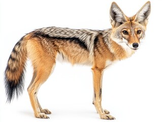 Fototapeta premium vigilant black-backed jackal stands with its head turned, emphasizing its keen senses. The animal's fur glistens, creating a striking contrast against the minimalist backdrop.