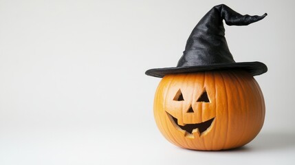 A carved pumpkin wearing a black witch hat, symbolizing Halloween festivities.