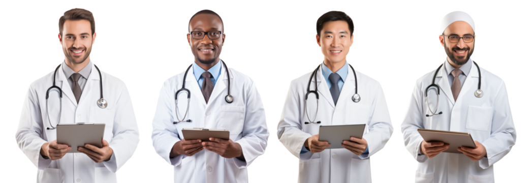 set collection of smiling confident male doctor staff portrait isolated white background. asian caucasian african arabian people medical and health care concept.