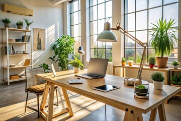 A modern studio space with a large desk, laptop, and design materials, lit by natural light, awaits a creative professional's solo design project.
