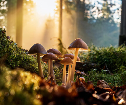 Sottobosco la mattina presto con dei funghi in primo piano