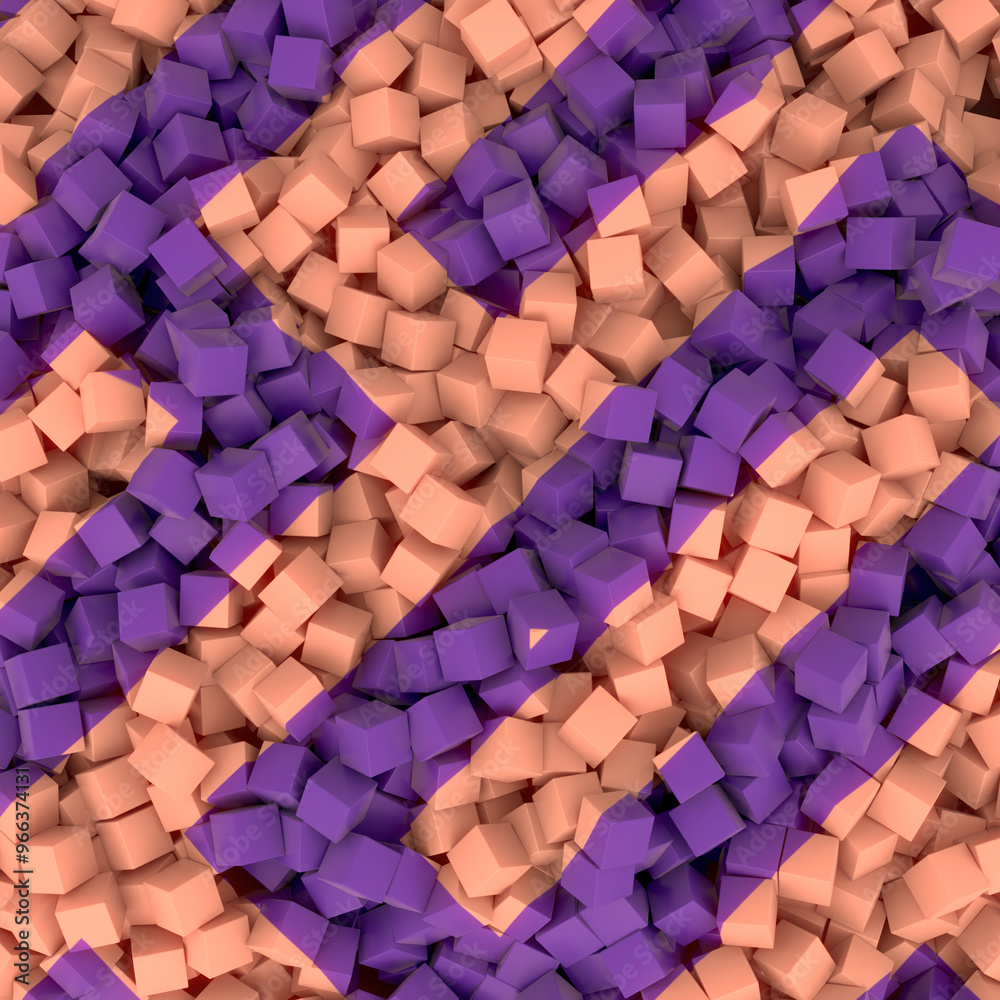 Poster Digital illustration of a simple geometric pattern consisting of many small three-dimensional cubes. 3d rendering