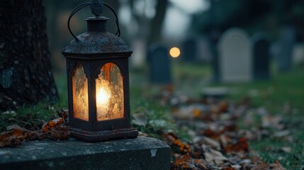 A rustic lantern illuminates a graveyard, creating a somber and reflective atmosphere.