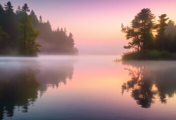 Obraz premium tranquil sunrise over misty lakeshore reflecting soft hues gentle light calm water surrounded lush greenery, reflection, nature, landscape, sky, horizon