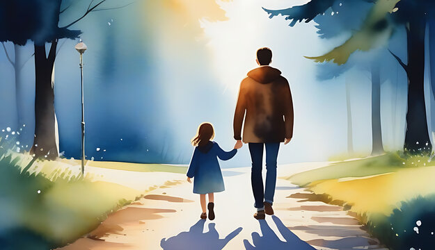 parent child walk away symbolizing encouragement watercolor illustration abstractly depicts parenting encouragement childhood walking righteous path