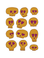 cartoon skulls vector set. Collection of doodle skulls isolated on white background. Vector illustration.