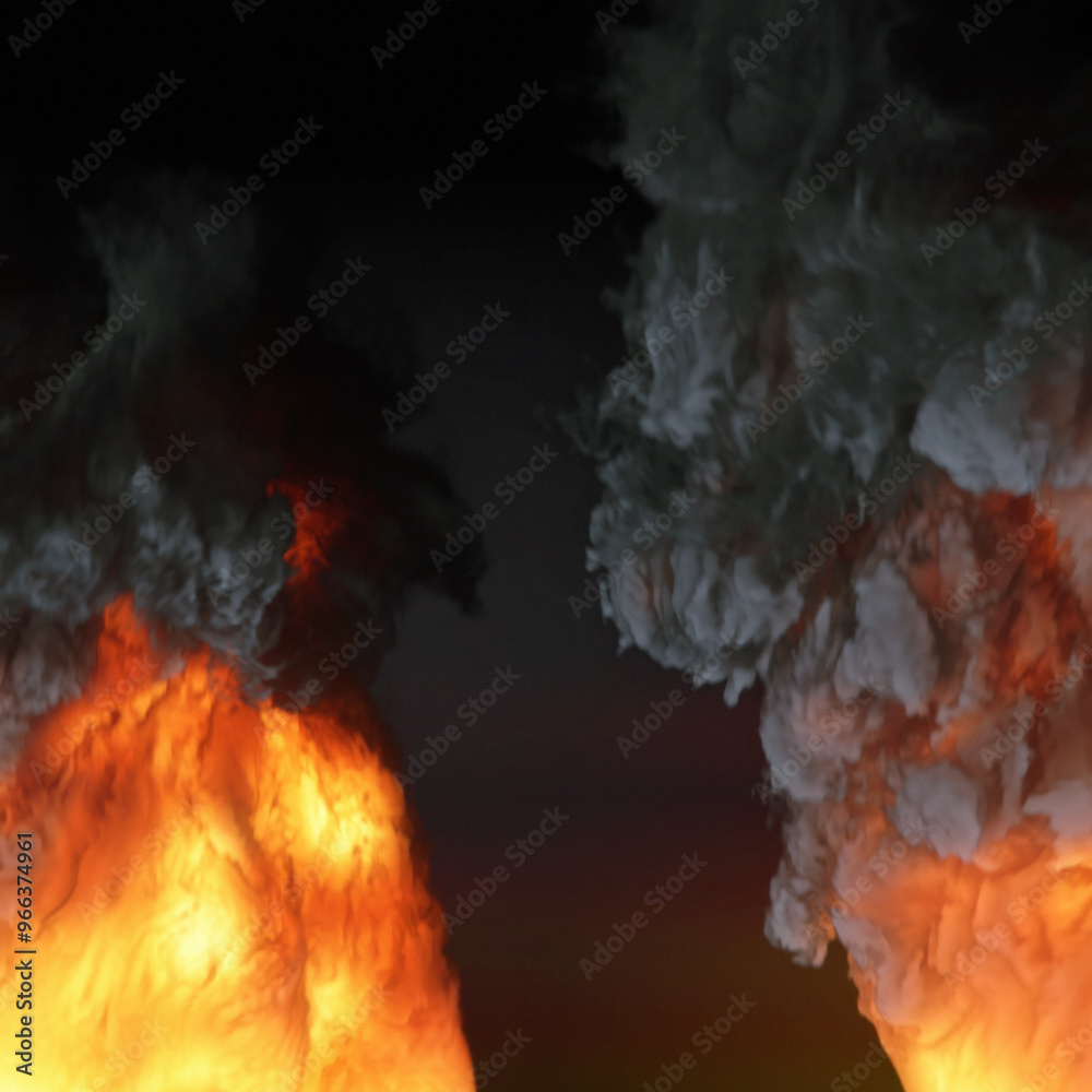 Poster digital illustration of bright flames and dark clouds of smoke with realistic details. 3d rendering