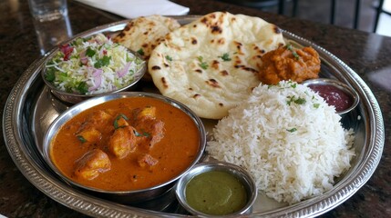 A traditional Indian meal served on a platter, featuring curry, rice, naan, and a fresh salad.