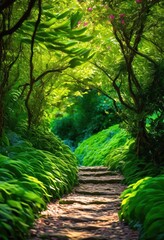 Fototapeta premium vibrant trails winding through lush green landscapes flourishing vegetation colorful flora, adventure, biodiversity, bright, countryside, colors, ecosystem