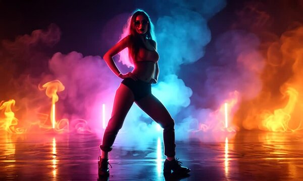 A woman is dancing in front of a fire with bright colors