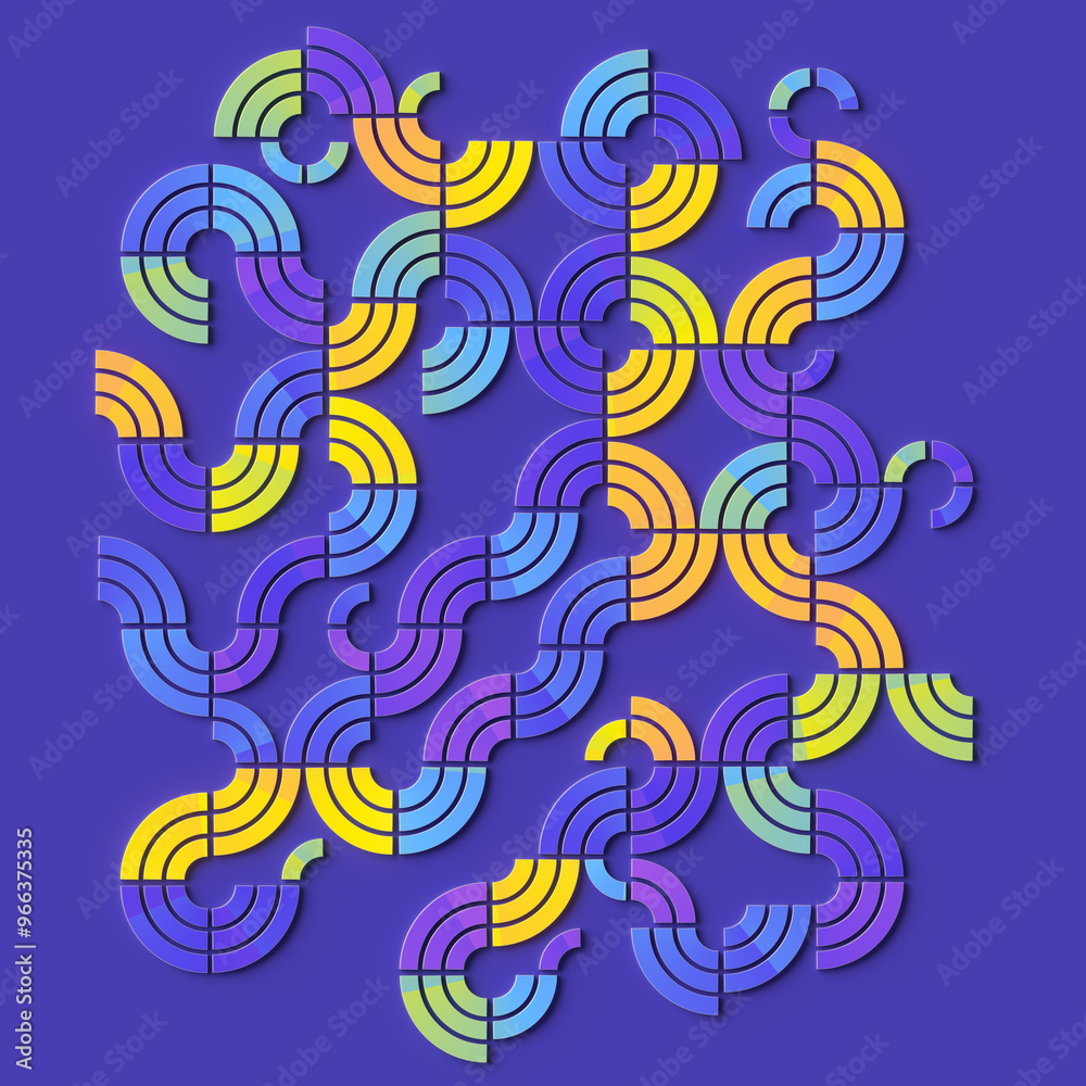 Poster Digital illustration of a repeating geometric pattern composed of interlocking swirling shapes. 3d rendering
