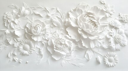 Elegant white floral relief artwork in a modern design showcasing intricate details and textures in a minimalist setting