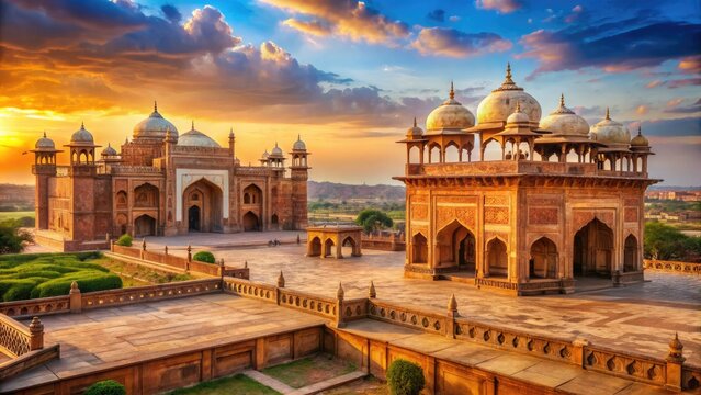 Ancient Mughal architecture stands majestically amidst rust-hued desert landscape, with intricately carved marble inlays and majestic arches, evoking mystique and historical grandeur.