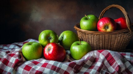 A still life of red and green apples arranged on a checkered cloth with a wicker basket.