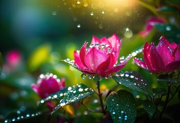 Obraz premium close vibrant garden showcasing sparkling dew beads lush greenery colorful petals, dewdrops, nature, plants, flowers, macro, leaves, blossoms, texture, light
