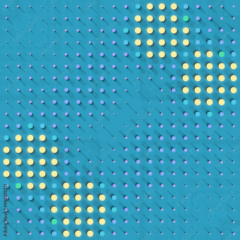 Poster digital illustration of colorful 3d spheres on a blue background. 3d rendering