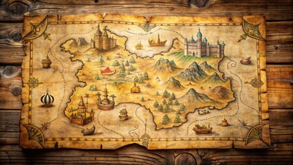 Fototapeta premium Ancient yellowed parchment map spread on wooden table, adorned with medieval-style illustrations of mythical creatures, castles, and winding roads amidst faded geographic markings.