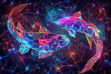 Vibrant pisces zodiac sign with geometric neon fish design. AI