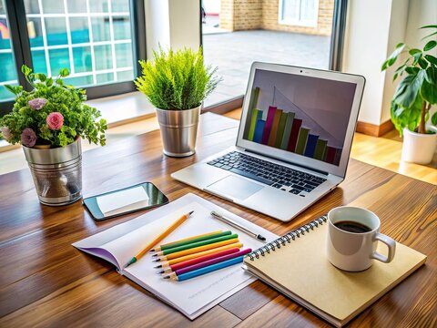 A neatly organized desk with a laptop, notebook, and colorful pens surrounding a comprehensive financial plan and interior design concept sketches.