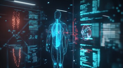 Obraz premium Digital hologram of human anatomy displays interconnected systems in a futuristic lab setting during nighttime research