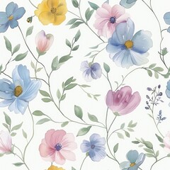 Floral watercolor seamless pattern with pastel blooms and green leaves. AI