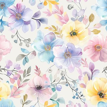 Watercolor floral seamless pattern with pastel blooms for fabric design and home decor. AI