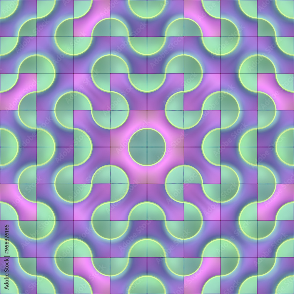 Aufkleber Digital illustration of a symmetrical pattern of repeating colored tiles with wavy lines and circles. 3d rendering