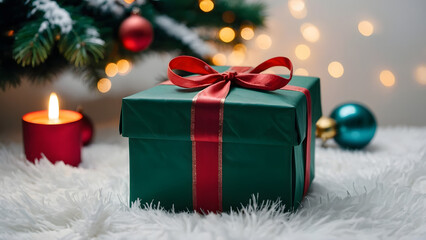 Obraz premium A bright dark green gift with a red ribbon stands under the New Year tree. Candles burn around it and a garland twinkles