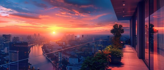 This evocative image offers a sunset view from a luxury apartment balcony