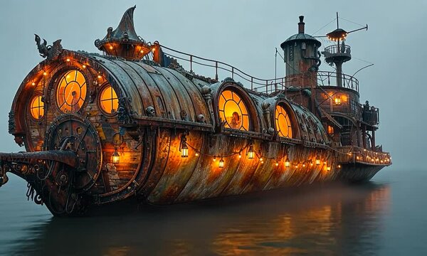 A large boat with many windows and lights on it