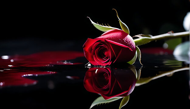 red rose sat puddle deep dark red blood symbolized passion romance love treason betrayal desire intensity heart emotion beauty eleg