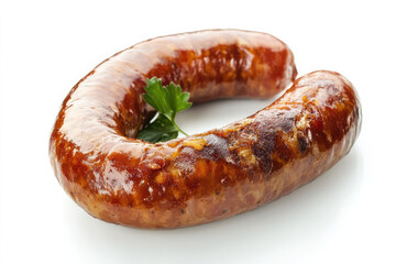 A delicious, appetizing sausage on a white background, dressed with a sprig of fresh parsley. Perfect imagery for food-related contents and cooking inspiration.