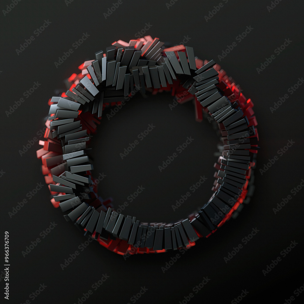 Poster Digital illustration of multiple metallic rectangles on a dark background assembled into a ring. 3d rendering