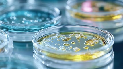 Close-up of colorful petri dishes showcasing vibrant liquid cultures and bubbles in a scientific laboratory setting.