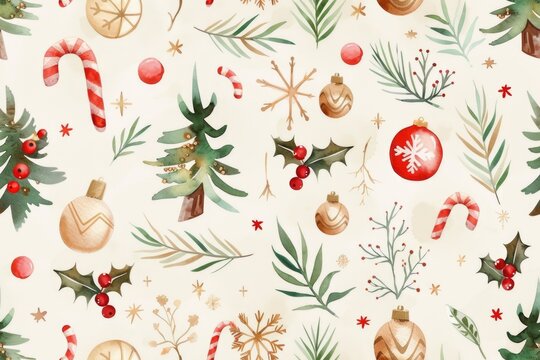 Festive christmas seamless pattern with candy canes, ornaments, and holly for holiday design. AI