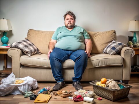 An overweight adult with a worn expression sits on a couch, surrounded by clutter, exemplifying a struggle with health and personal well-being.